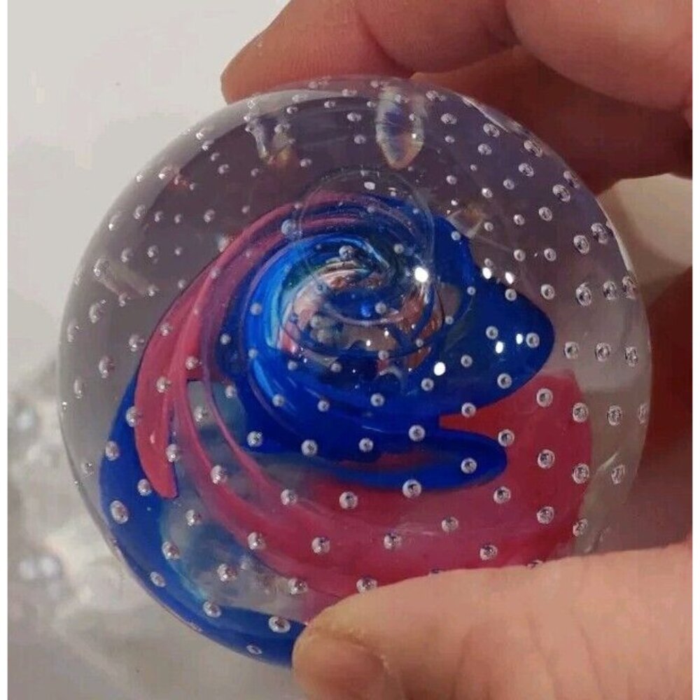 Caithness Blue & Pink Bubble Reflection Art Glass Paperweight SIGNED 95' 2.5"